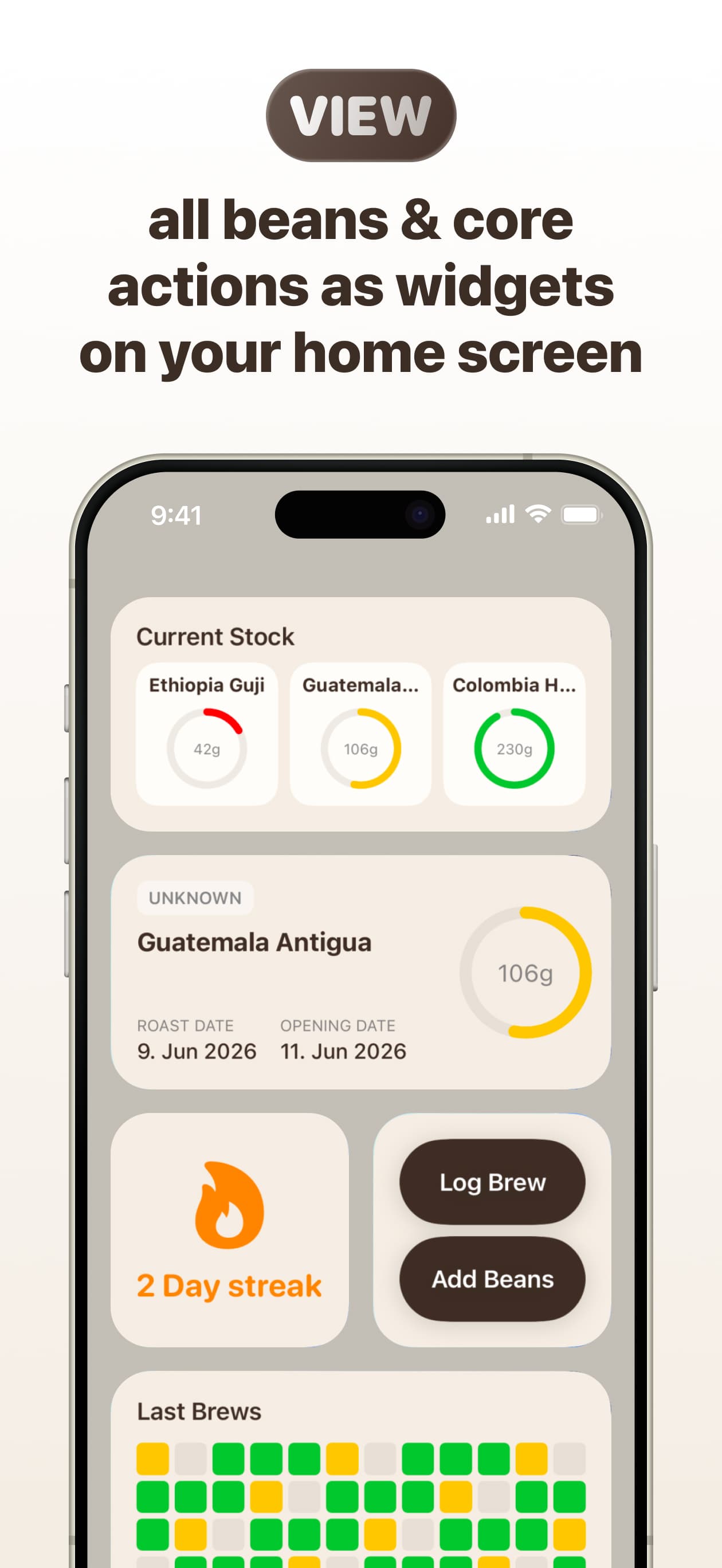 View all beans and core actions as widgets on your home screen